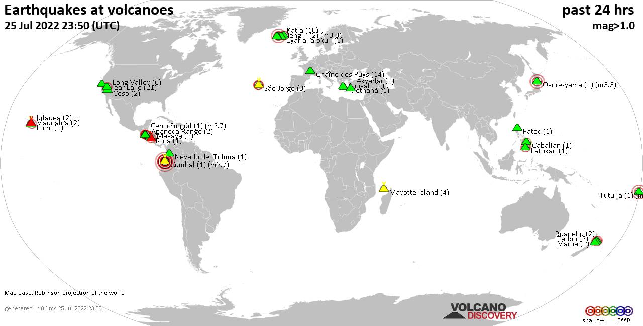 World map showing volcanoes with shallow (less than 50 km) earthquakes within 20 km radius  during the past 24 hours on 25 Jul 2022 Number in brackets indicate nr of quakes.