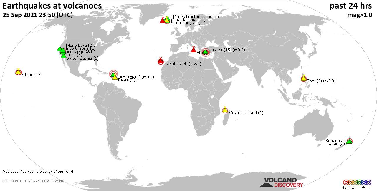 World map showing volcanoes with shallow (less than 20 km) earthquakes within 20 km radius  during the past 24 hours on 25 Sep 2021 Number in brackets indicate nr of quakes.
