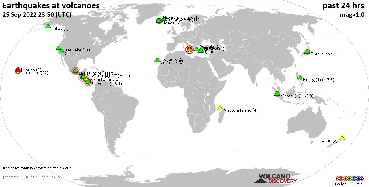 World map showing volcanoes with shallow (less than 50 km) earthquakes within 20 km radius  during the past 24 hours on 25 Sep 2022 Number in brackets indicate nr of quakes.
