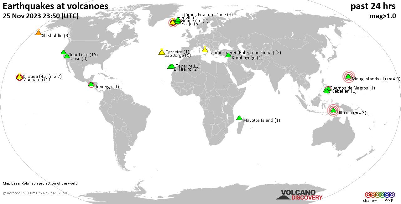 World map showing volcanoes with shallow (less than 50 km) earthquakes within 20 km radius  during the past 24 hours on 25 Nov 2023 Number in brackets indicate nr of quakes.