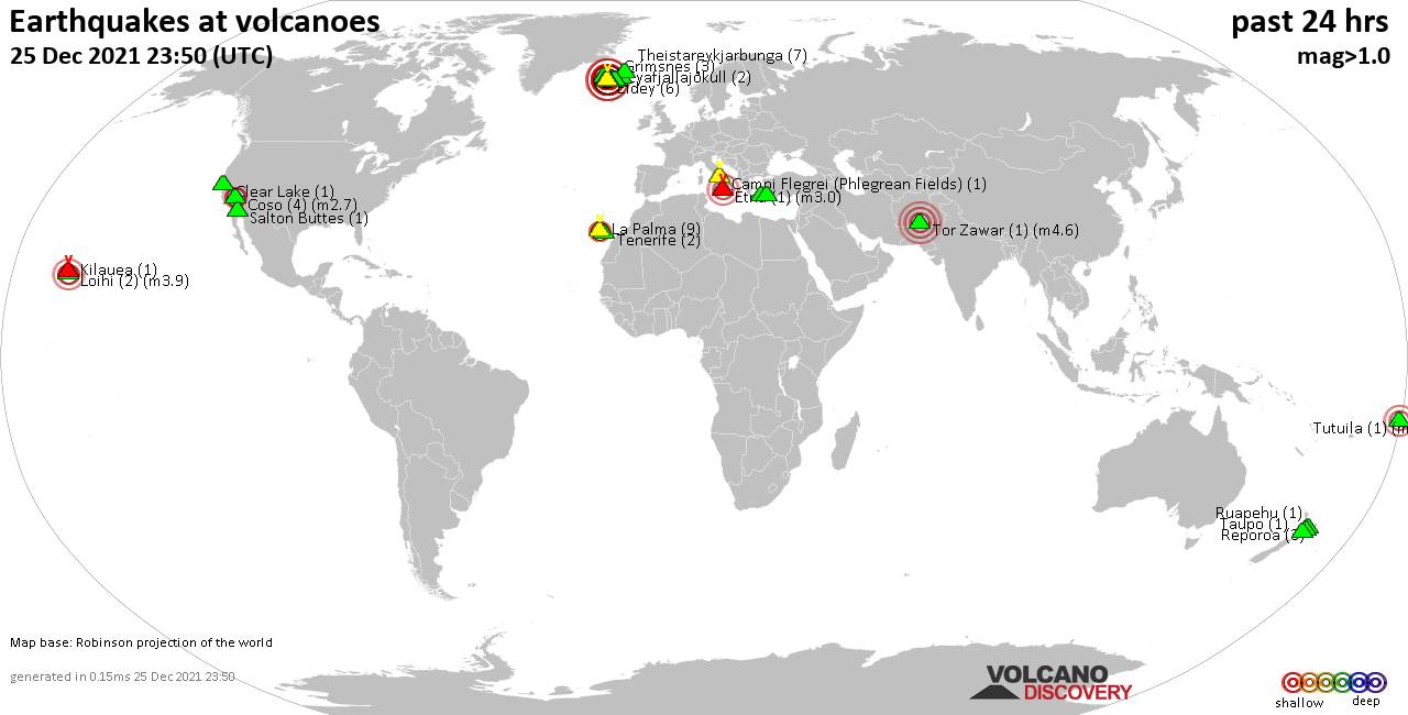 World map showing volcanoes with shallow (less than 50 km) earthquakes within 20 km radius  during the past 24 hours on 25 Dec 2021 Number in brackets indicate nr of quakes.