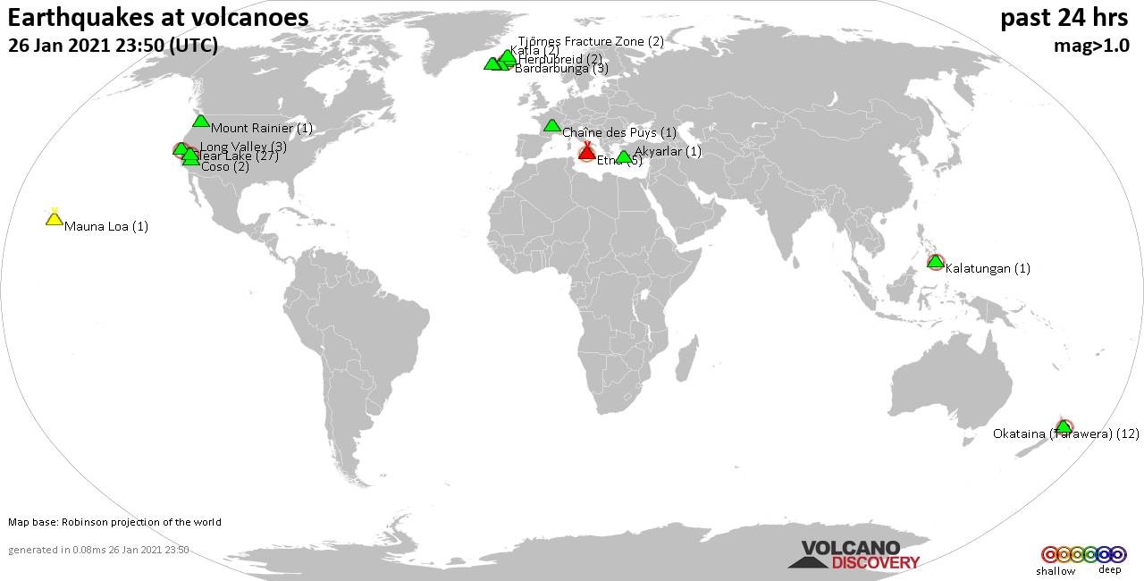 World map showing volcanoes with shallow (less than 20 km) earthquakes within 20 km radius  during the past 24 hours on 26 Jan 2021 Number in brackets indicate nr of quakes.