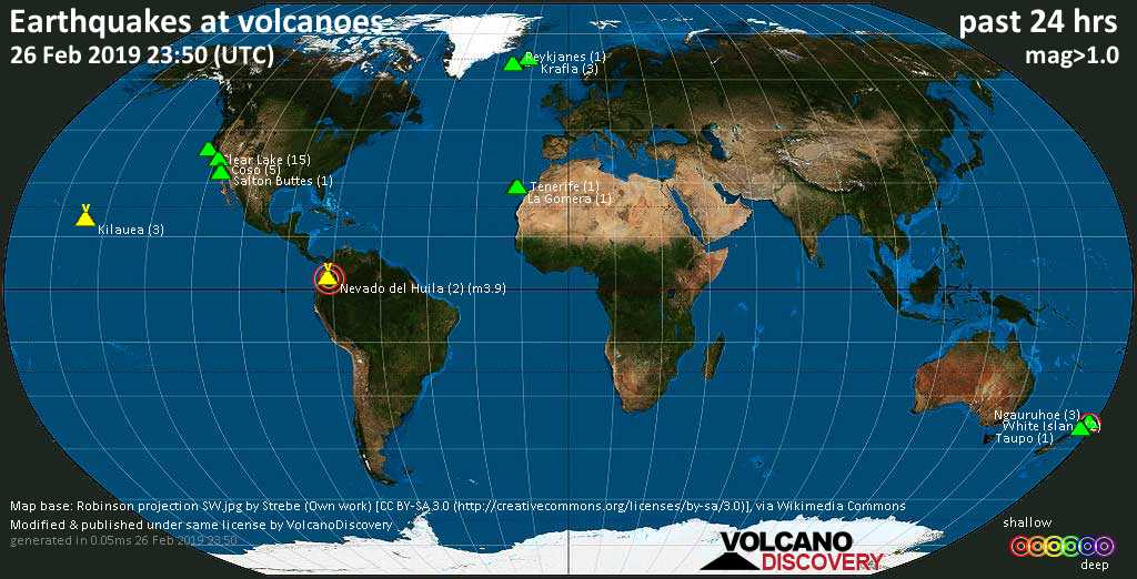 World map showing volcanoes with shallow (less than 20 km) earthquakes within 20 km radius  during the past 24 hours on 26 Feb 2019 Number in brackets indicate nr of quakes.