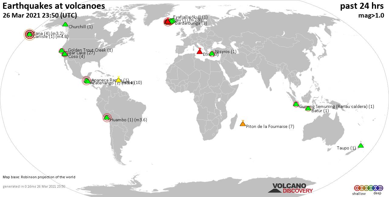 Peta dunia yang menunjukkan gunung berapi dengan gempa dangkal (kurang dari 20 km) dalam radius 20 km dalam 24 jam terakhir pada tanggal 26 Maret 2021 menunjukkan jumlah gempa bumi dalam tanda kurung.