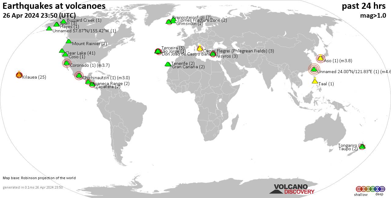 World map showing volcanoes with shallow (less than 50 km) earthquakes within 20 km radius  during the past 24 hours on 26 Apr 2024 Number in brackets indicate nr of quakes.
