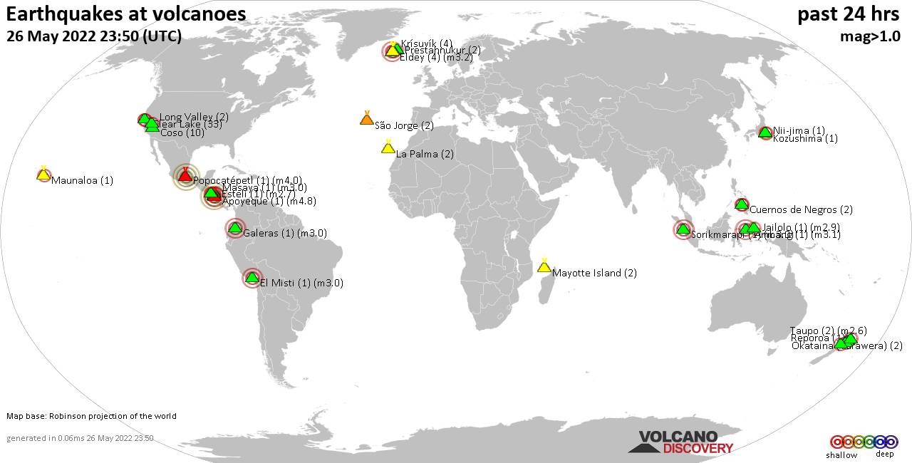 World map showing volcanoes with shallow (less than 50 km) earthquakes within 20 km radius  during the past 24 hours on 26 May 2022 Number in brackets indicate nr of quakes.