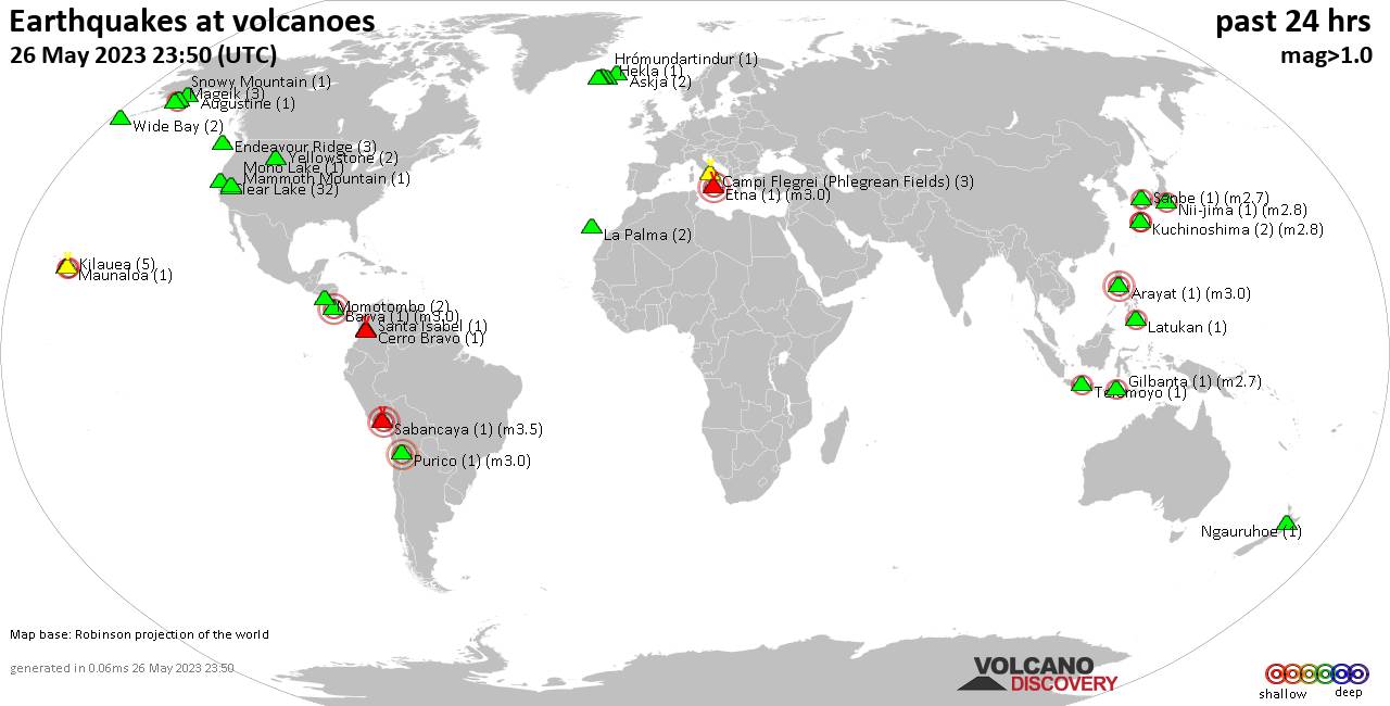 World map showing volcanoes with shallow (less than 50 km) earthquakes within 20 km radius  during the past 24 hours on 26 May 2023 Number in brackets indicate nr of quakes.
