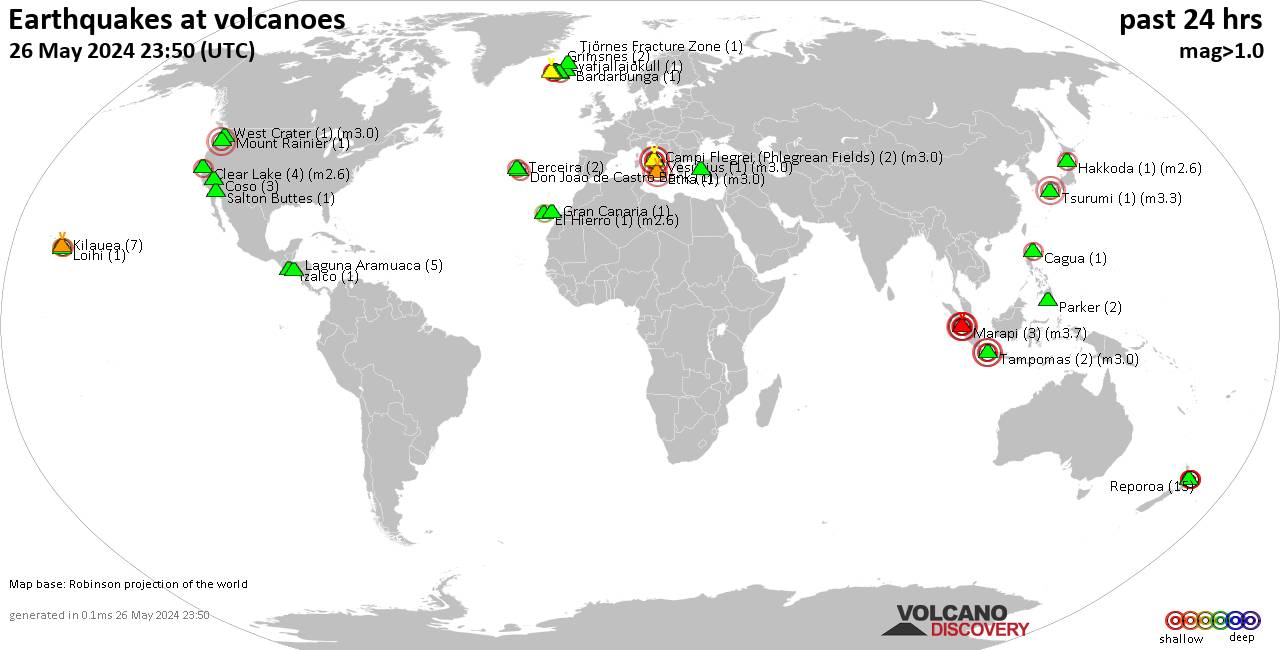 World map showing volcanoes with shallow (less than 50 km) earthquakes within 20 km radius  during the past 24 hours on 26 May 2024 Number in brackets indicate nr of quakes.