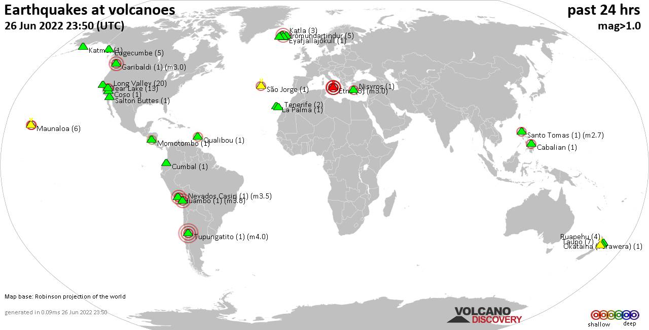 World map showing volcanoes with shallow (less than 50 km) earthquakes within 20 km radius  during the past 24 hours on 26 Jun 2022 Number in brackets indicate nr of quakes.