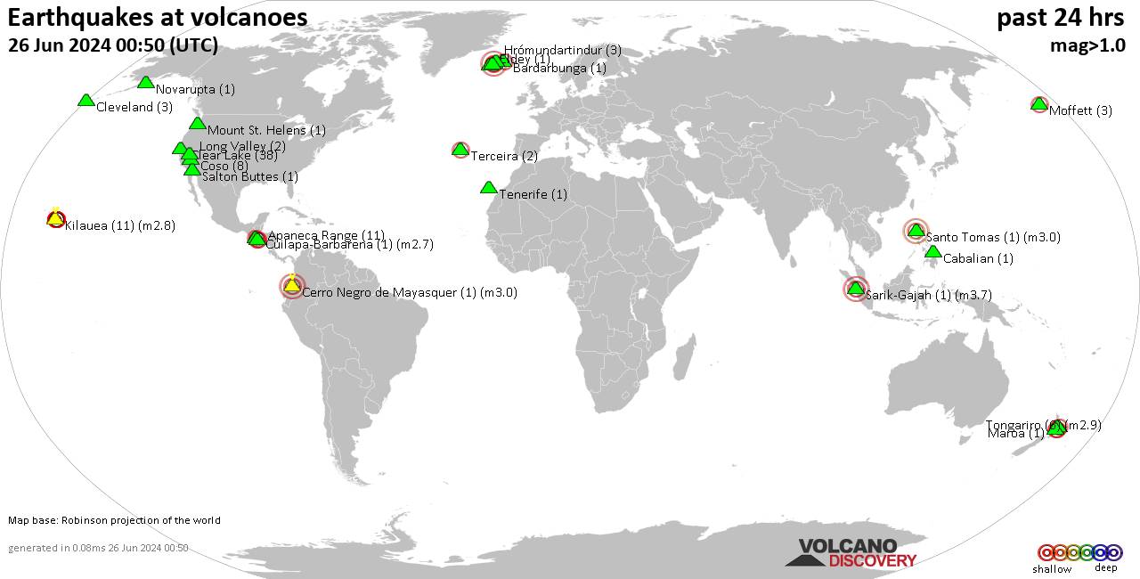 World map showing volcanoes with shallow (less than 50 km) earthquakes within 20 km radius  during the past 24 hours on 26 Jun 2024 Number in brackets indicate nr of quakes.
