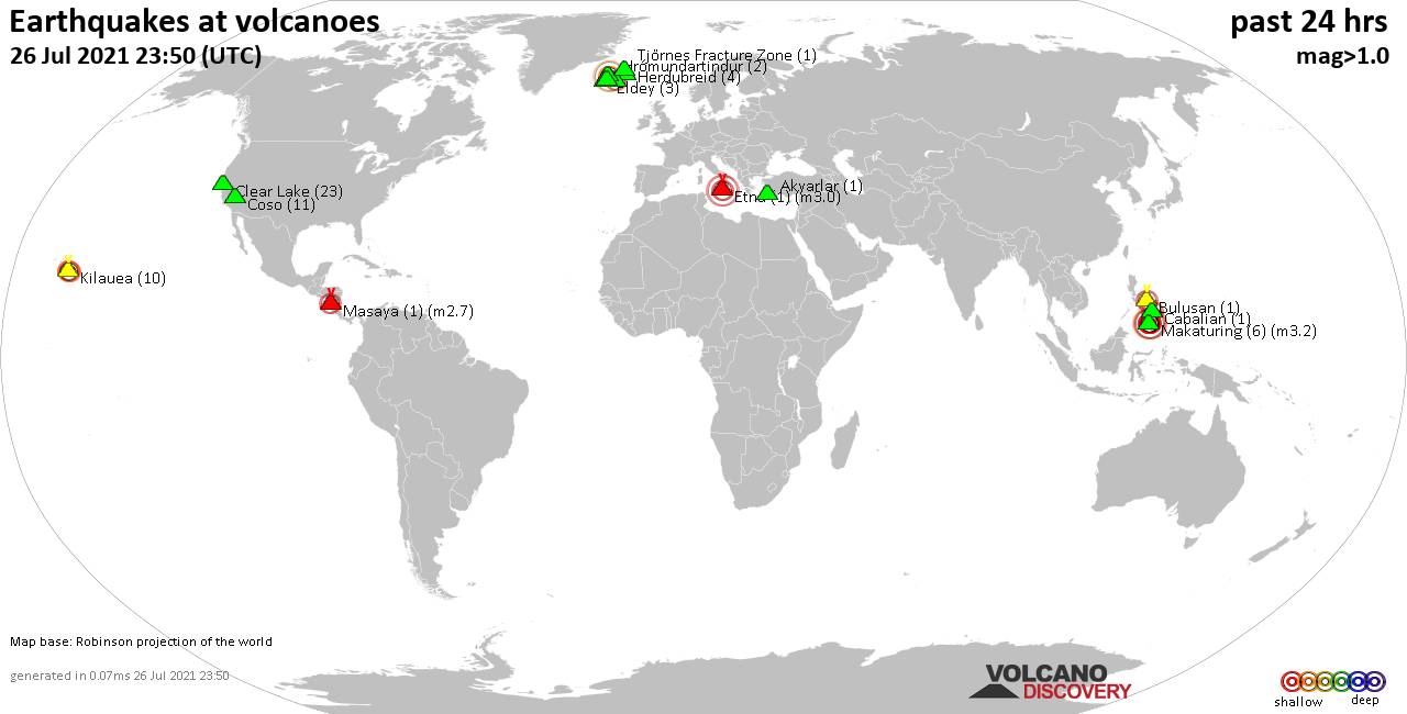 World map showing volcanoes with shallow (less than 20 km) earthquakes within 20 km radius  during the past 24 hours on 26 Jul 2021 Number in brackets indicate nr of quakes.