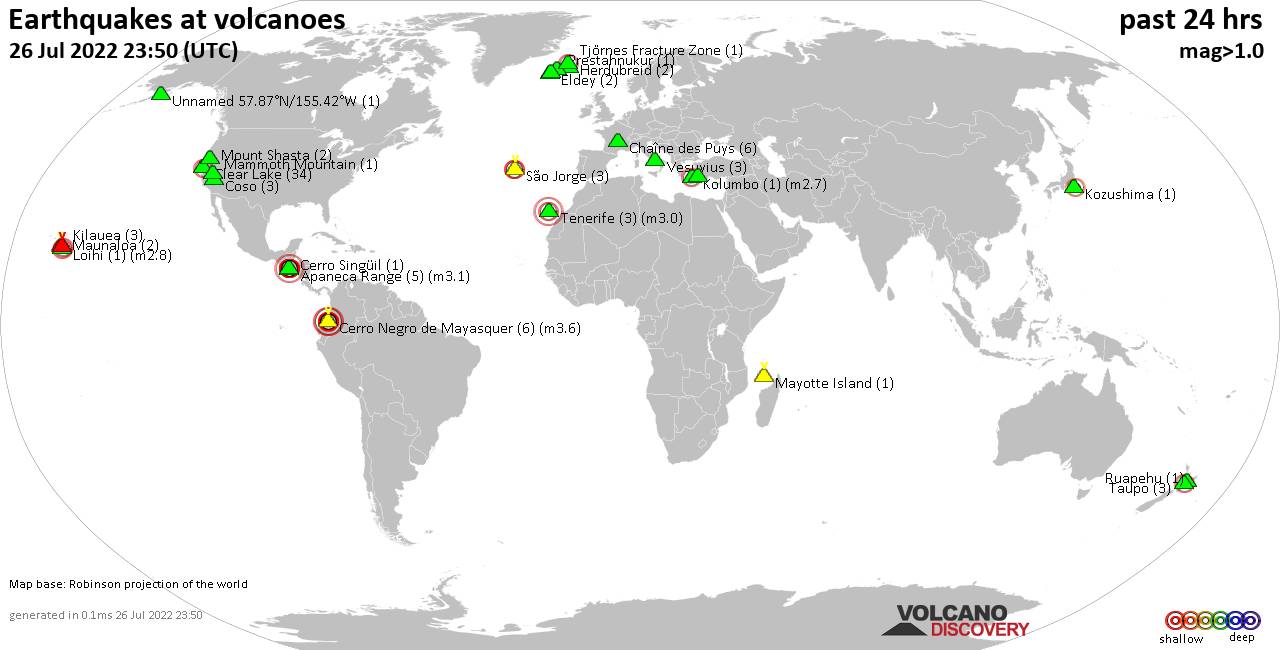 World map showing volcanoes with shallow (less than 50 km) earthquakes within 20 km radius  during the past 24 hours on 26 Jul 2022 Number in brackets indicate nr of quakes.