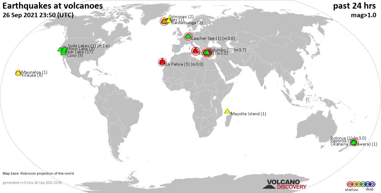World map showing volcanoes with shallow (less than 20 km) earthquakes within 20 km radius  during the past 24 hours on 26 Sep 2021 Number in brackets indicate nr of quakes.