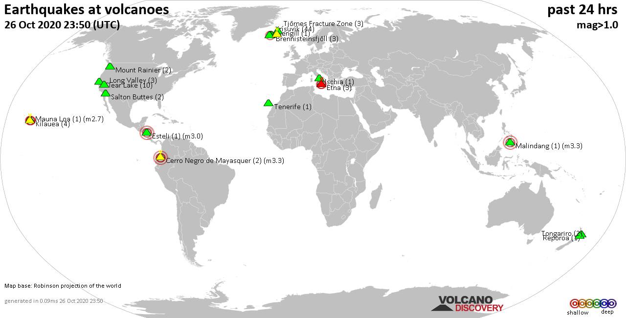 World map showing volcanoes with shallow (less than 20 km) earthquakes within 20 km radius  during the past 24 hours on 26 Oct 2020 Number in brackets indicate nr of quakes.