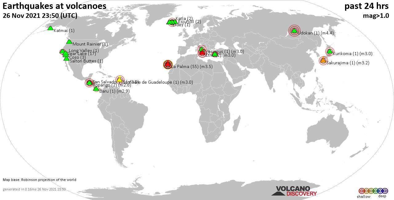 World map showing volcanoes with shallow (less than 50 km) earthquakes within 20 km radius  during the past 24 hours on 26 Nov 2021 Number in brackets indicate nr of quakes.