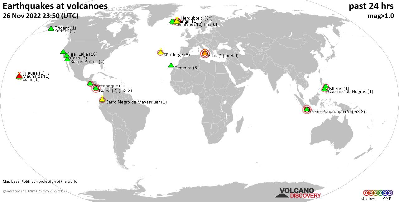 World map showing volcanoes with shallow (less than 50 km) earthquakes within 20 km radius  during the past 24 hours on 26 Nov 2022 Number in brackets indicate nr of quakes.