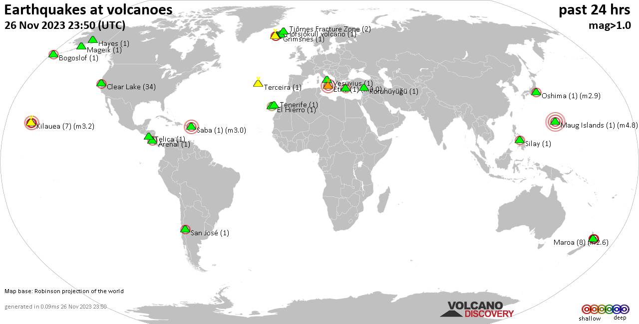 World map showing volcanoes with shallow (less than 50 km) earthquakes within 20 km radius  during the past 24 hours on 26 Nov 2023 Number in brackets indicate nr of quakes.