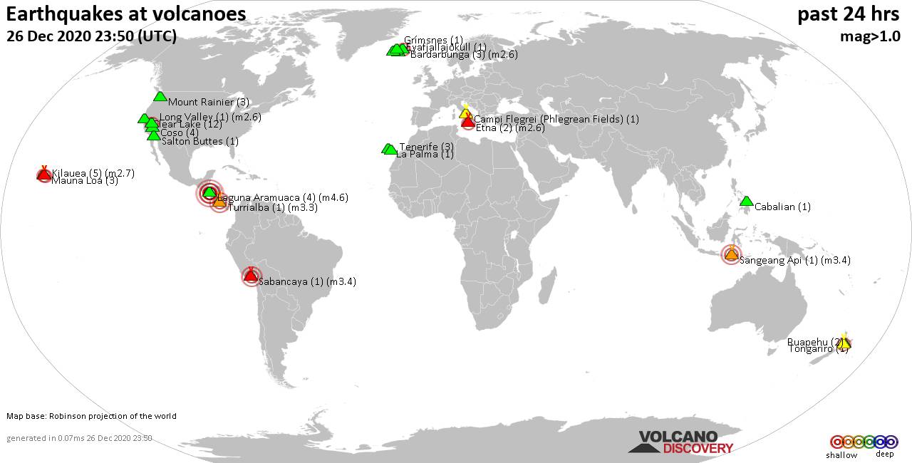 World map showing volcanoes with shallow (less than 20 km) earthquakes within 20 km radius  during the past 24 hours on 26 Dec 2020 Number in brackets indicate nr of quakes.