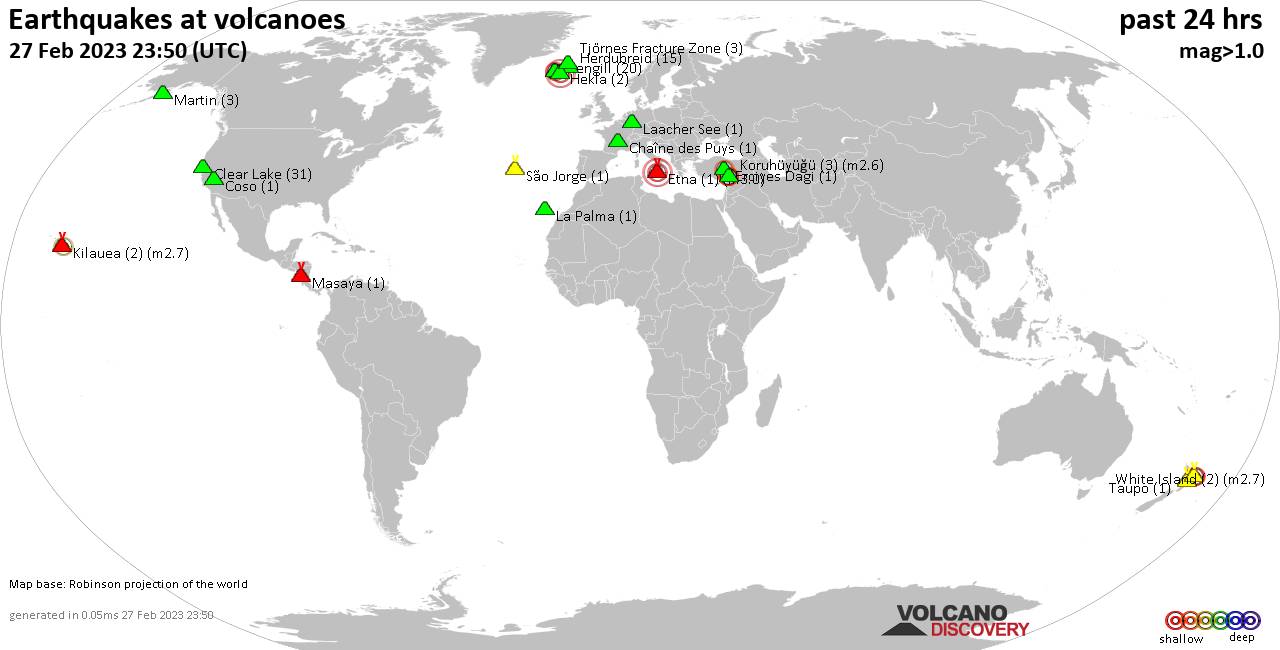 World map showing volcanoes with shallow (less than 50 km) earthquakes within 20 km radius  during the past 24 hours on 27 Feb 2023 Number in brackets indicate nr of quakes.