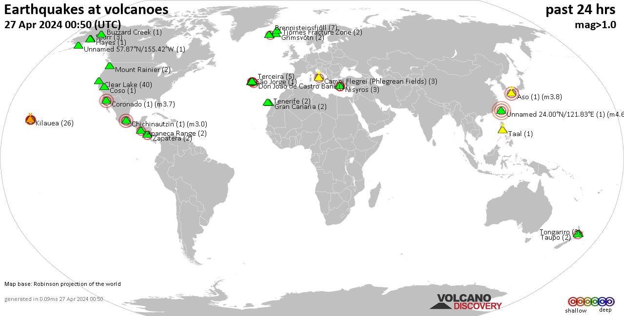 World map showing volcanoes with shallow (less than 50 km) earthquakes within 20 km radius  during the past 24 hours on 27 Apr 2024 Number in brackets indicate nr of quakes.