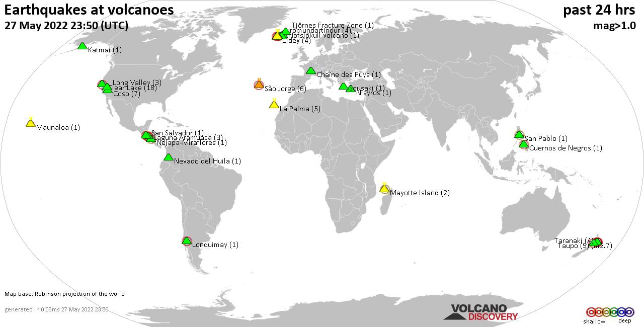 World map showing volcanoes with shallow (less than 50 km) earthquakes within 20 km radius  during the past 24 hours on 27 May 2022 Number in brackets indicate nr of quakes.