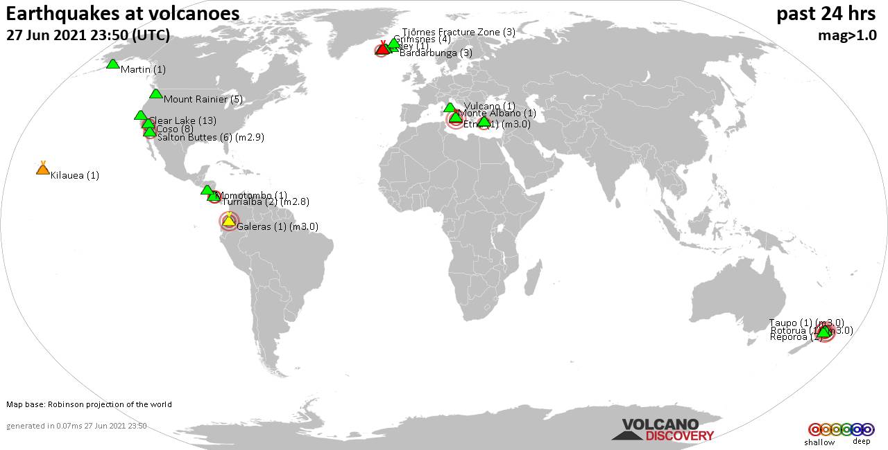 World map showing volcanoes with shallow (less than 20 km) earthquakes within 20 km radius  during the past 24 hours on 27 Jun 2021 Number in brackets indicate nr of quakes.