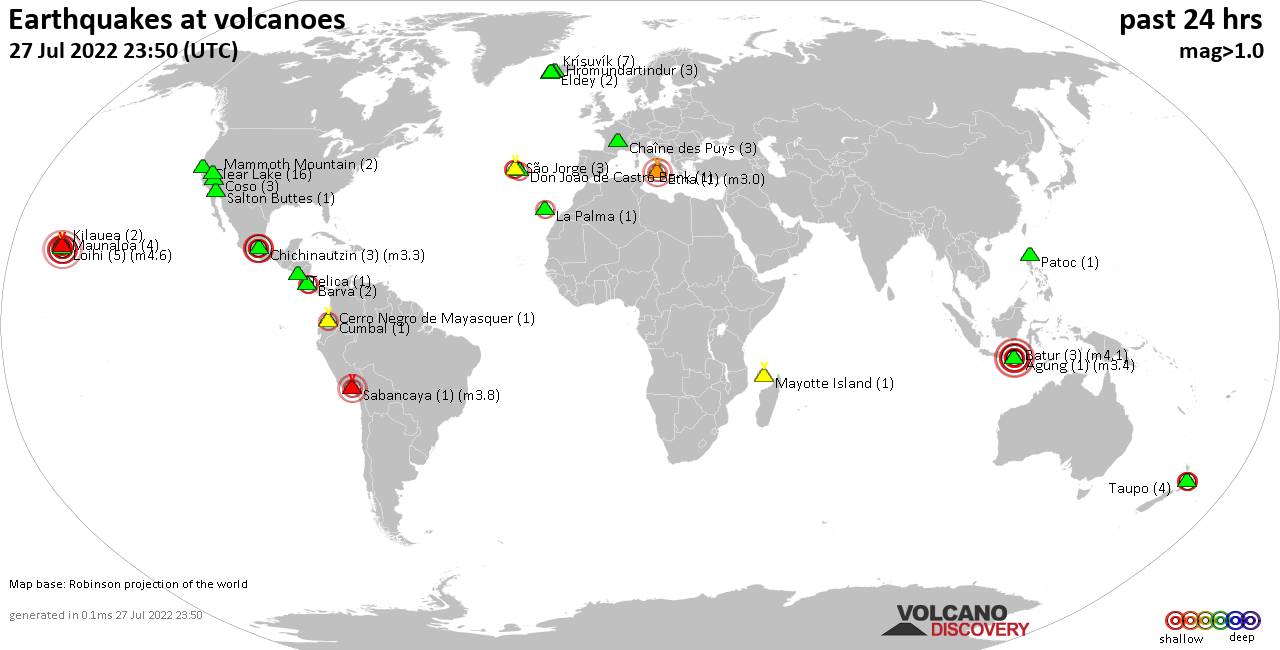 World map showing volcanoes with shallow (less than 50 km) earthquakes within 20 km radius  during the past 24 hours on 27 Jul 2022 Number in brackets indicate nr of quakes.