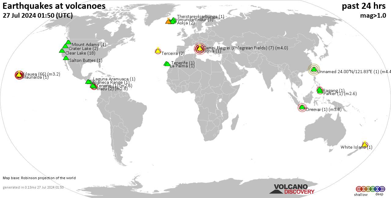 World map showing volcanoes with shallow (less than 50 km) earthquakes within 20 km radius  during the past 24 hours on 27 Jul 2024 Number in brackets indicate nr of quakes.