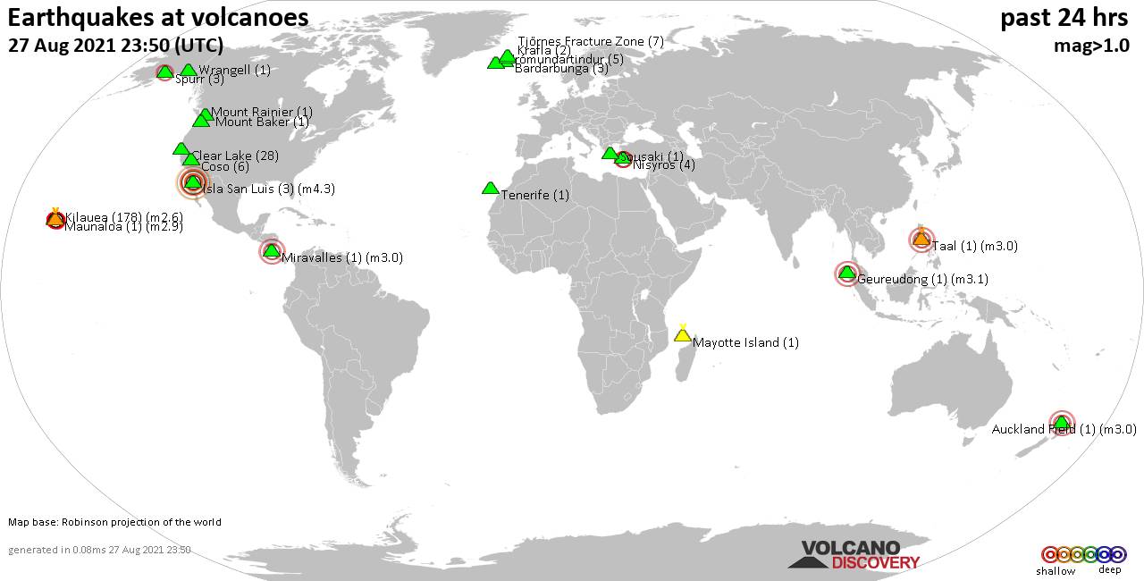 World map showing volcanoes with shallow (less than 20 km) earthquakes within 20 km radius  during the past 24 hours on 27 Aug 2021 Number in brackets indicate nr of quakes.