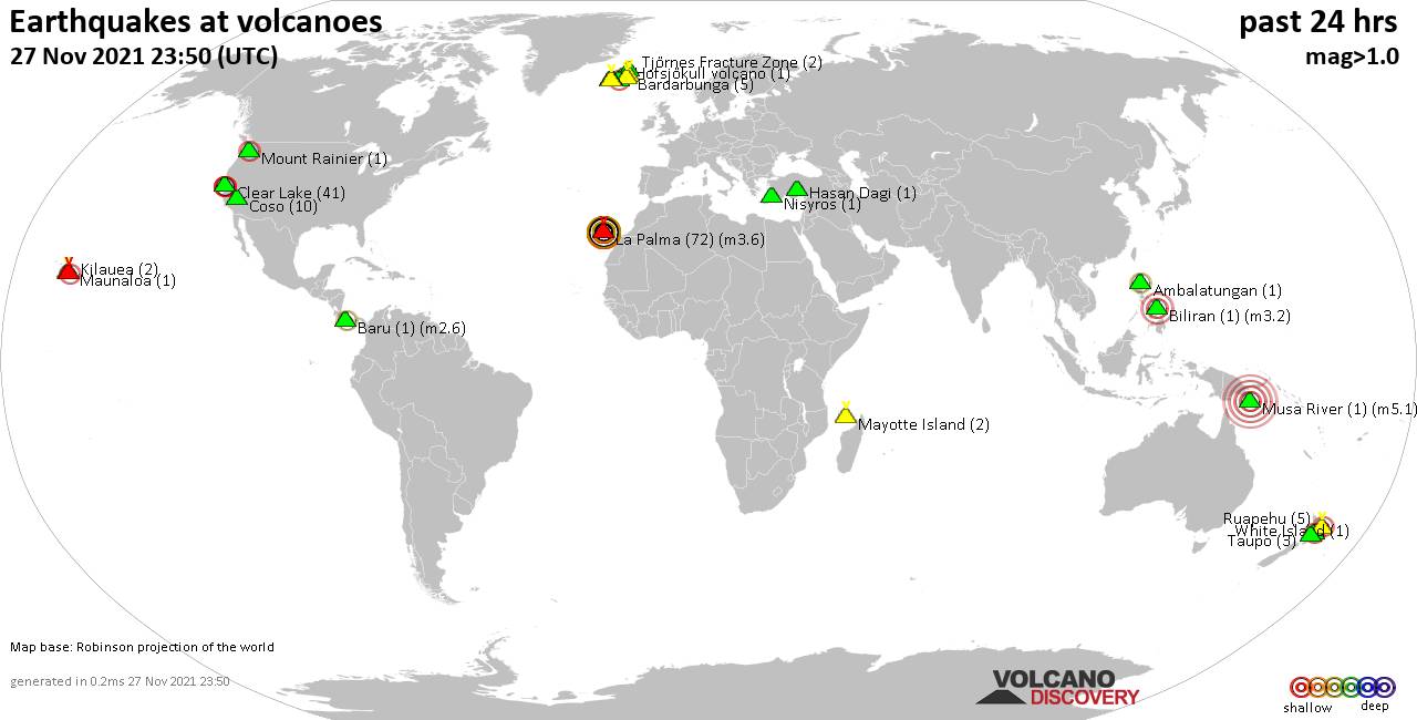 World map showing volcanoes with shallow (less than 50 km) earthquakes within 20 km radius  during the past 24 hours on 27 Nov 2021 Number in brackets indicate nr of quakes.