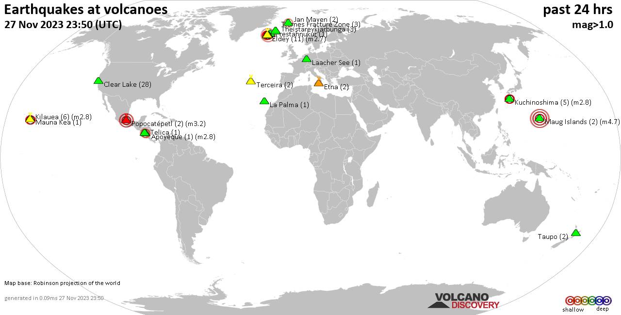 World map showing volcanoes with shallow (less than 50 km) earthquakes within 20 km radius  during the past 24 hours on 27 Nov 2023 Number in brackets indicate nr of quakes.