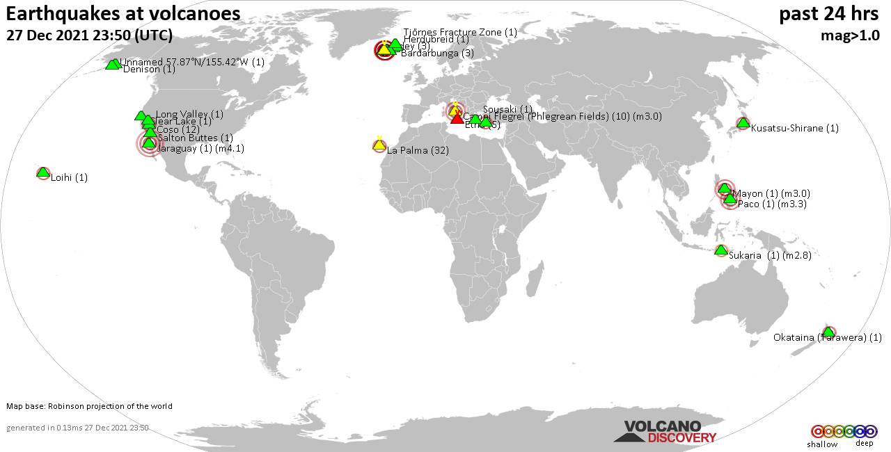 World map showing volcanoes with shallow (less than 50 km) earthquakes within 20 km radius  during the past 24 hours on 27 Dec 2021 Number in brackets indicate nr of quakes.