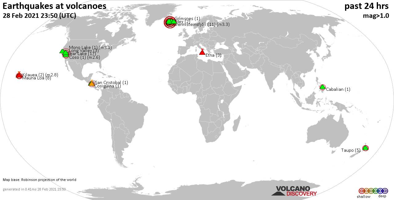 World map showing volcanoes with shallow (less than 20 km) earthquakes within 20 km radius  during the past 24 hours on 28 Feb 2021 Number in brackets indicate nr of quakes.