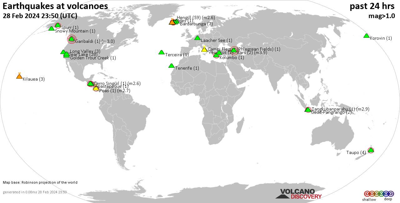 World map showing volcanoes with shallow (less than 50 km) earthquakes within 20 km radius  during the past 24 hours on 28 Feb 2024 Number in brackets indicate nr of quakes.