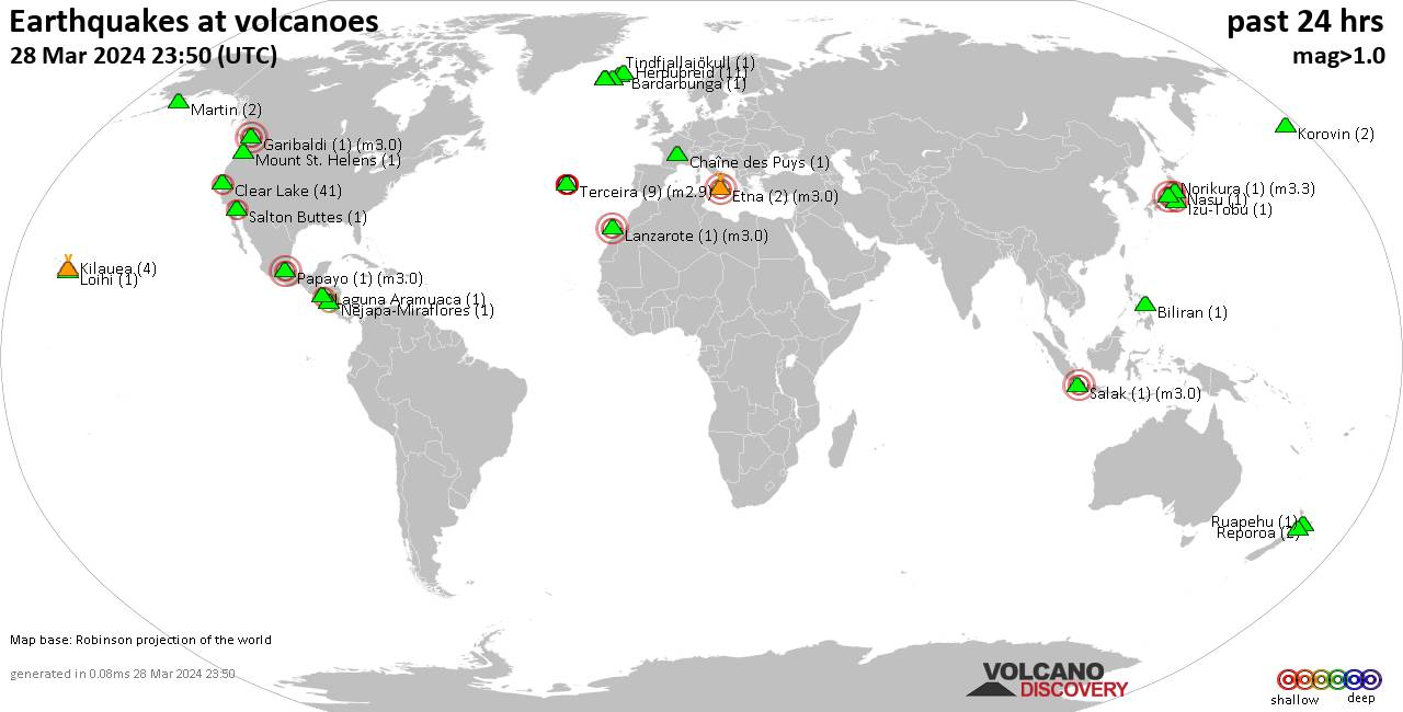 World map showing volcanoes with shallow (less than 50 km) earthquakes within 20 km radius  during the past 24 hours on 28 Mar 2024 Number in brackets indicate nr of quakes.