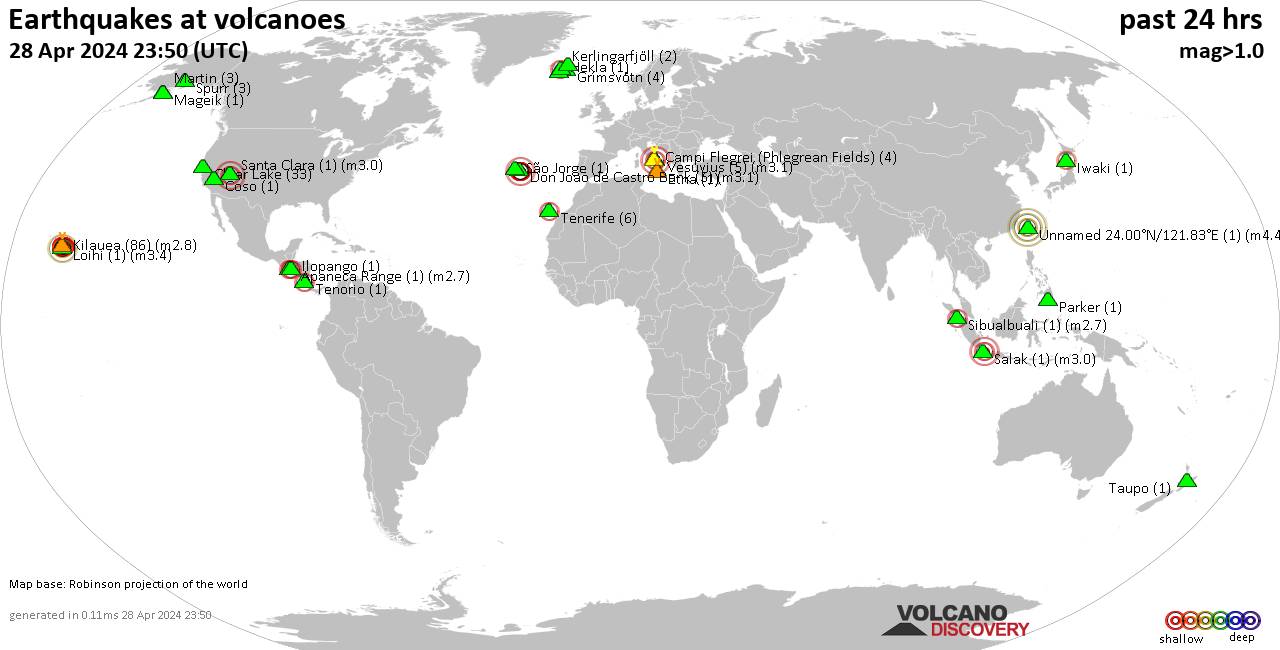 World map showing volcanoes with shallow (less than 50 km) earthquakes within 20 km radius  during the past 24 hours on 28 Apr 2024 Number in brackets indicate nr of quakes.