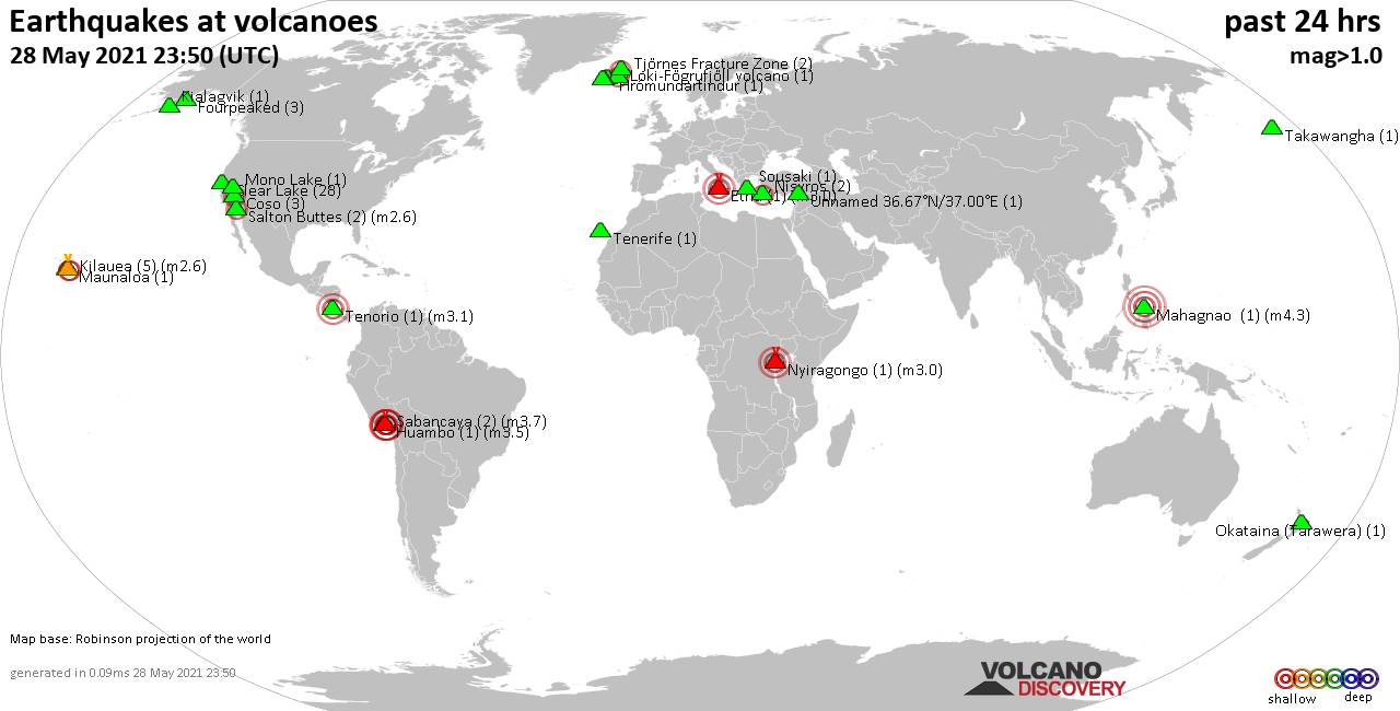 World map showing volcanoes with shallow (less than 20 km) earthquakes within 20 km radius  during the past 24 hours on 28 May 2021 Number in brackets indicate nr of quakes.