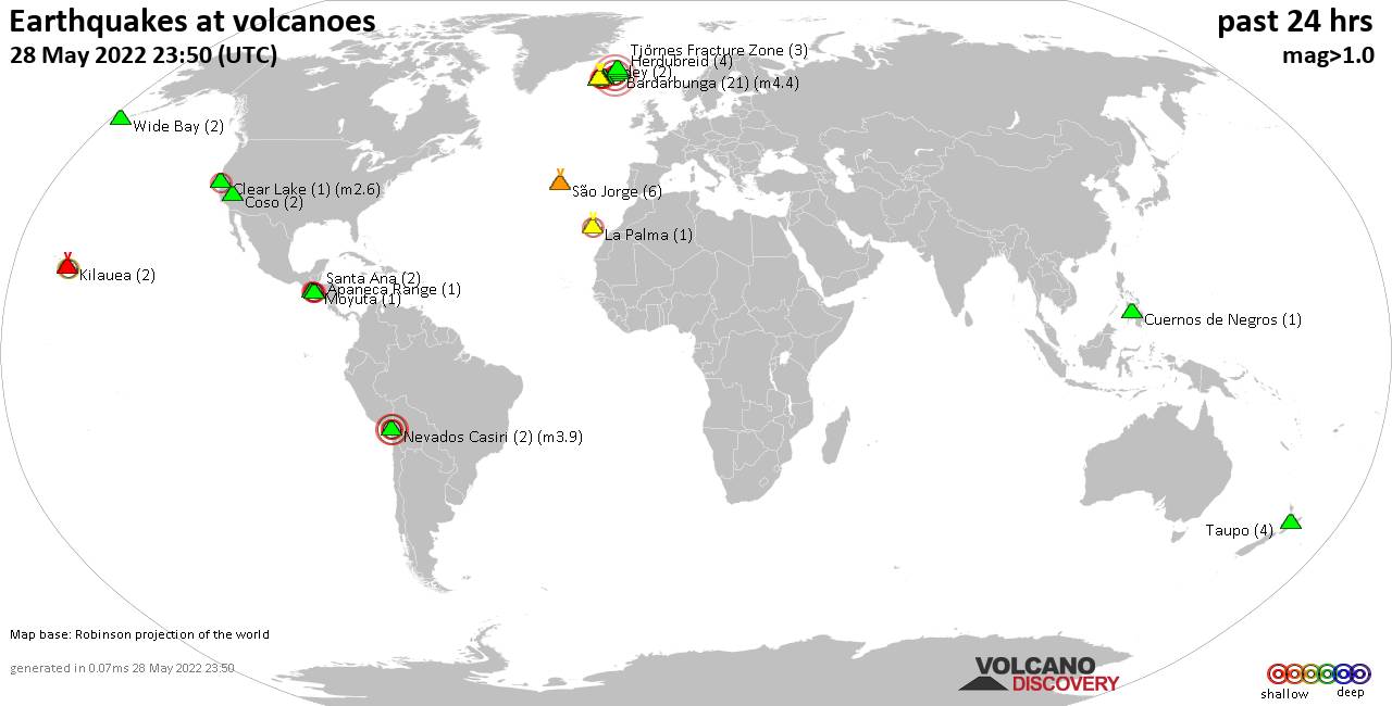 World map showing volcanoes with shallow (less than 50 km) earthquakes within 20 km radius  during the past 24 hours on 28 May 2022 Number in brackets indicate nr of quakes.