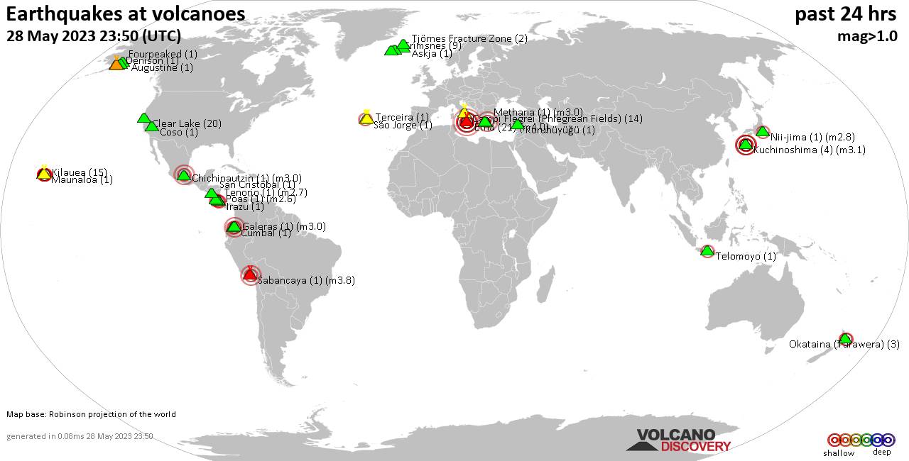 World map showing volcanoes with shallow (less than 50 km) earthquakes within 20 km radius  during the past 24 hours on 28 May 2023 Number in brackets indicate nr of quakes.