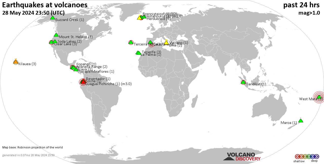 World map showing volcanoes with shallow (less than 50 km) earthquakes within 20 km radius  during the past 24 hours on 28 May 2024 Number in brackets indicate nr of quakes.
