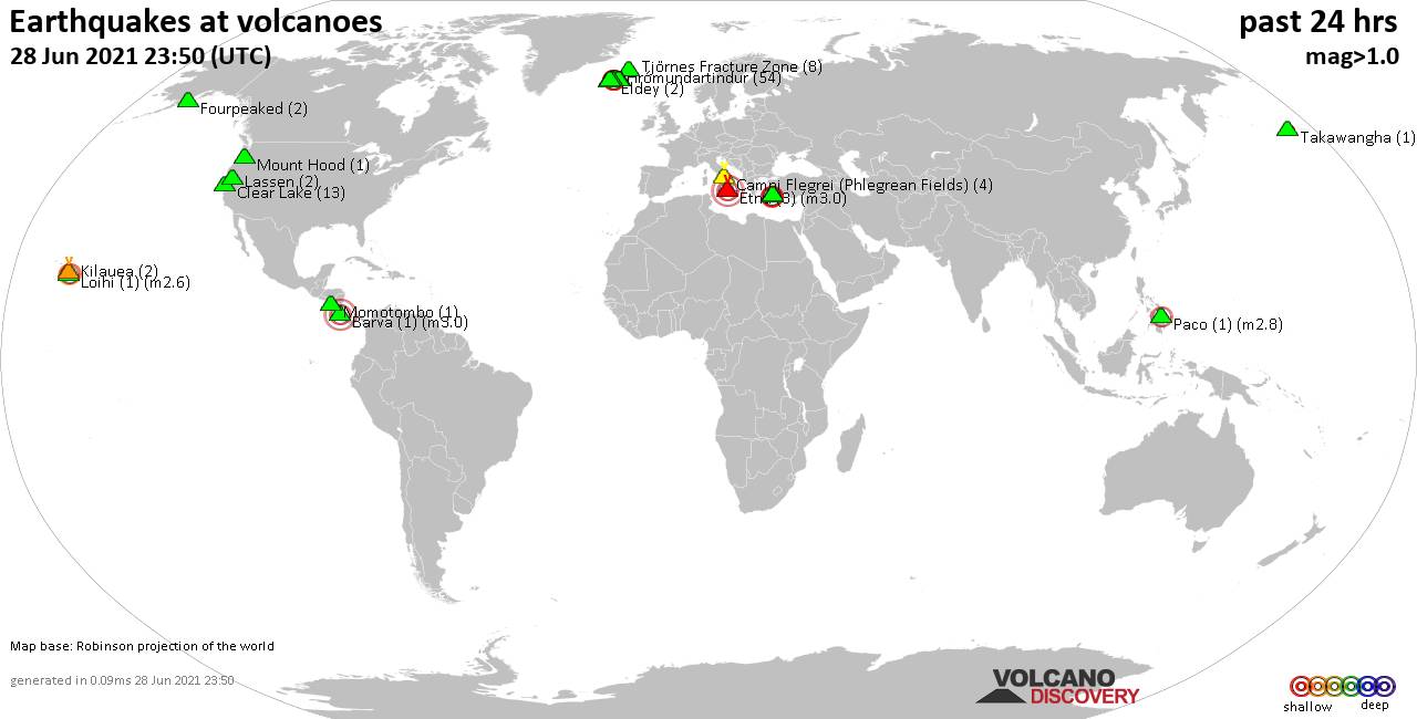 World map showing volcanoes with shallow (less than 20 km) earthquakes within 20 km radius  during the past 24 hours on 28 Jun 2021 Number in brackets indicate nr of quakes.