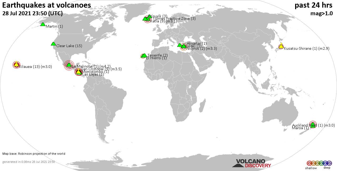 World map showing volcanoes with shallow (less than 20 km) earthquakes within 20 km radius  during the past 24 hours on 28 Jul 2021 Number in brackets indicate nr of quakes.