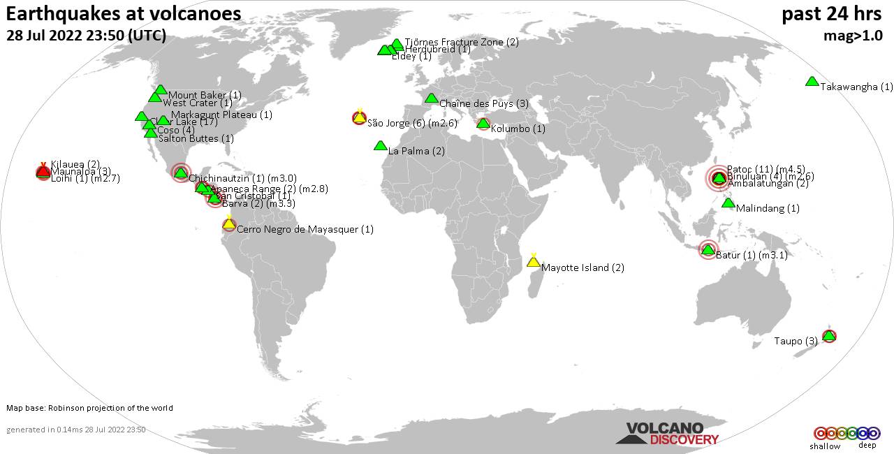 World map showing volcanoes with shallow (less than 50 km) earthquakes within 20 km radius  during the past 24 hours on 28 Jul 2022 Number in brackets indicate nr of quakes.