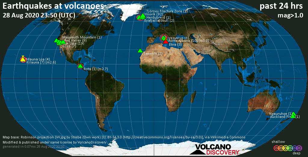 World map showing volcanoes with shallow (less than 20 km) earthquakes within 20 km radius  during the past 24 hours on 28 Aug 2020 Number in brackets indicate nr of quakes.