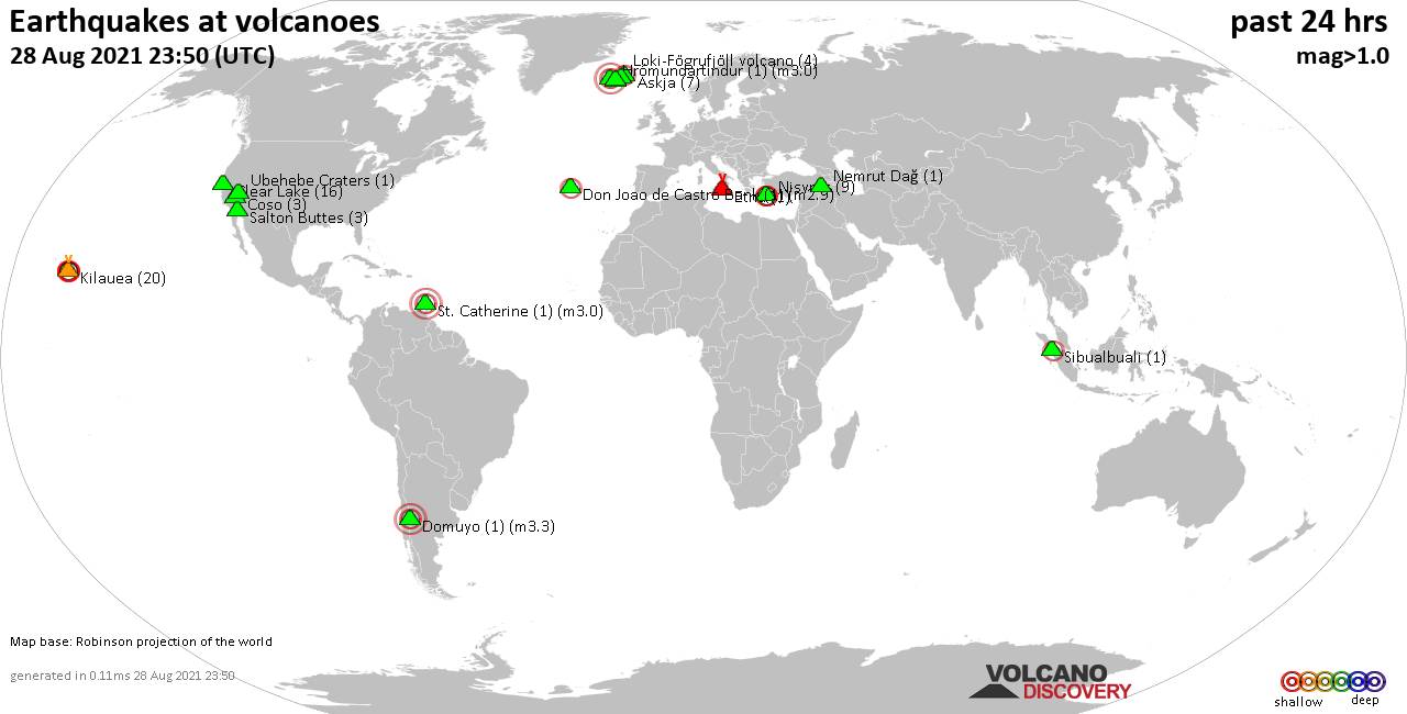 World map showing volcanoes with shallow (less than 20 km) earthquakes within 20 km radius  during the past 24 hours on 28 Aug 2021 Number in brackets indicate nr of quakes.
