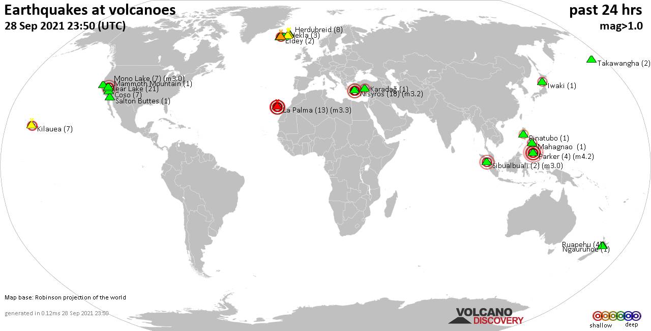 World map showing volcanoes with shallow (less than 20 km) earthquakes within 20 km radius  during the past 24 hours on 28 Sep 2021 Number in brackets indicate nr of quakes.