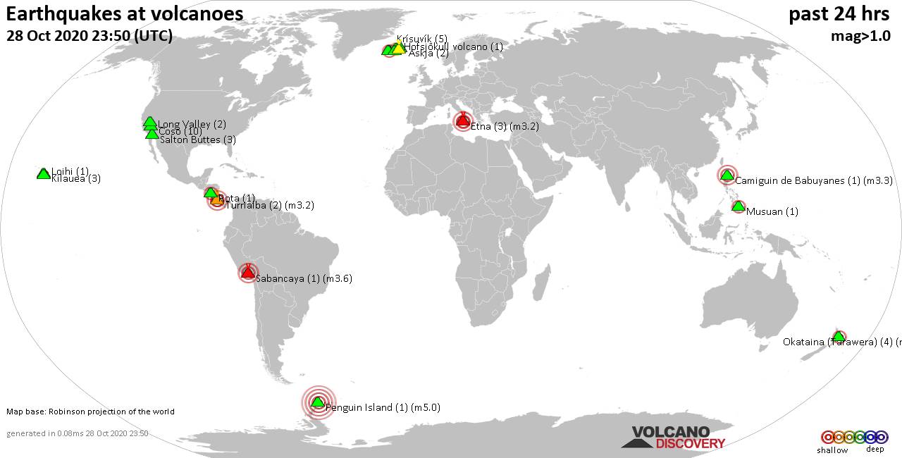 World map showing volcanoes with shallow (less than 20 km) earthquakes within 20 km radius  during the past 24 hours on 28 Oct 2020 Number in brackets indicate nr of quakes.