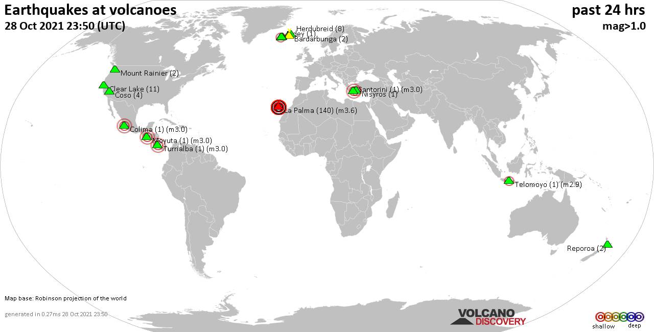 World map showing volcanoes with shallow (less than 20 km) earthquakes within 20 km radius  during the past 24 hours on 28 Oct 2021 Number in brackets indicate nr of quakes.