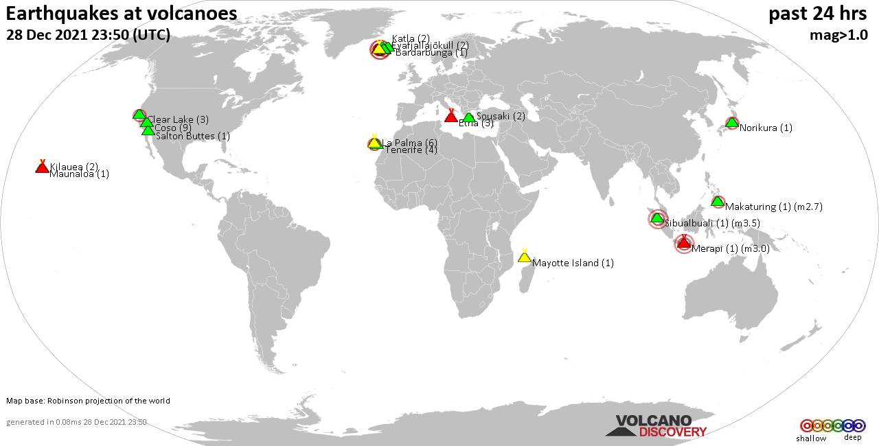 World map showing volcanoes with shallow (less than 50 km) earthquakes within 20 km radius  during the past 24 hours on 28 Dec 2021 Number in brackets indicate nr of quakes.