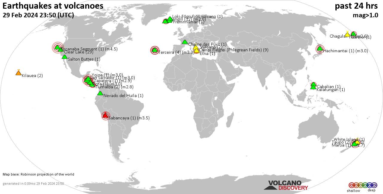 World map showing volcanoes with shallow (less than 50 km) earthquakes within 20 km radius  during the past 24 hours on 29 Feb 2024 Number in brackets indicate nr of quakes.